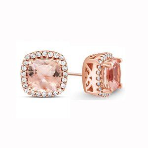 1CT Morganite Halo Princess Cut Stud Earring